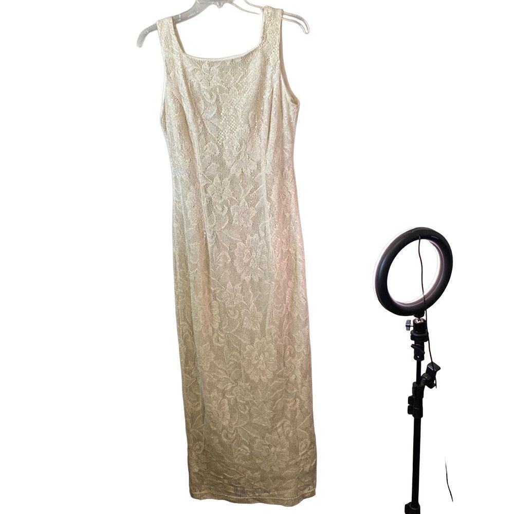 Molly Malloy Evening Creme Gold Shine Sparkle Tank Lace maxi Dress